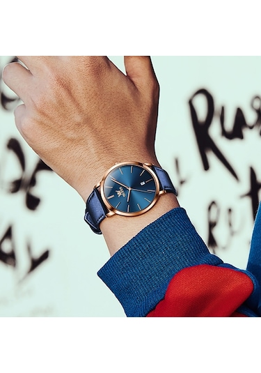 Olevs 5869 Erkekler İş Su Geçirmez Hakiki Deri Kayış Kuvars Saat Mavi + Mavi