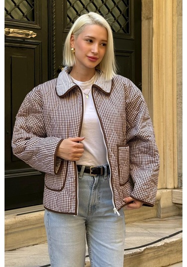 Kahverengi Pötikareli Cepli Kadın Mont Mg2488 Kahverengi