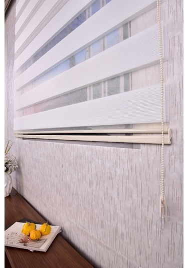 Ekru Pliseli Etek Dilimsiz İp Plise Zebra Stor Güneşlik Perde