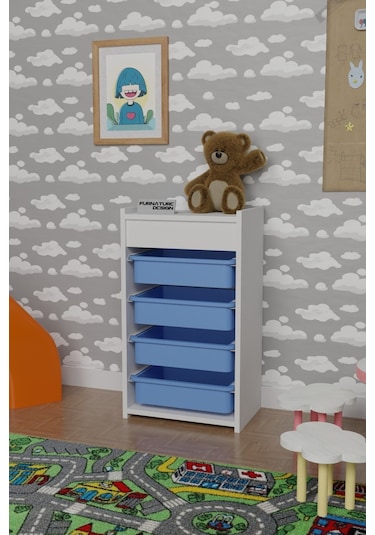 4 Sepetli Oyuncak Dolabı Çok Amaçlı Dolap Beyaz - Mavi Beyaz