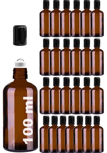 Çelik Roll On Şişesi 100 ML Sızdırmaz Siyah Kapaklı Amber Cam Şişe 25 Adet
