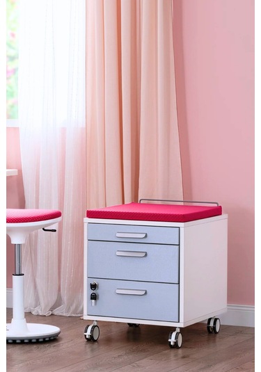 Creo Mobili Çekmeceli Kilitli Tekerlekli Vega Keson, Oturulabilir Ofis Ve Ev Komodini, Beyaz/fuşya