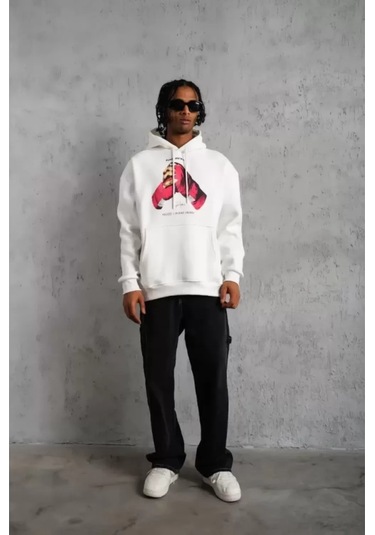 Erkek Eldiven Baskılı Kapüşonlu Sweat - Beyaz renkli