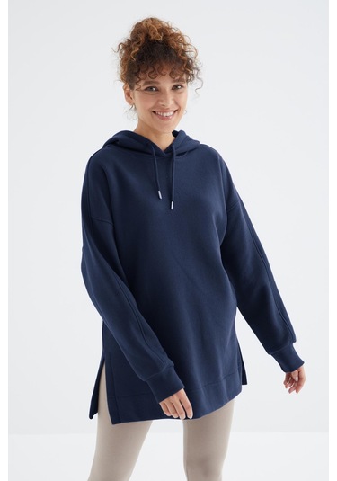 Tommy Life İndigo Reglan Kol Basic Kapüşonlu Oversize Sweatshirt Tunik - 97242 İndigo