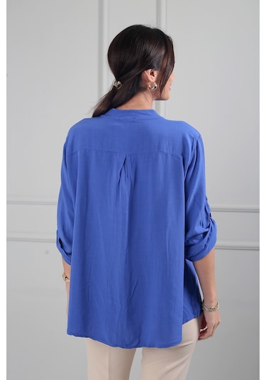 By Saygı Kadın Pul Detaylı Tek Cepli Oversize İthal Keten Gömlek Saks