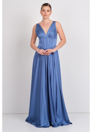 Doridorca Kadın Derin V Yaka Sırttan Bağlamalı Maxi Abiye Elbise 7091 Indigo İndigo