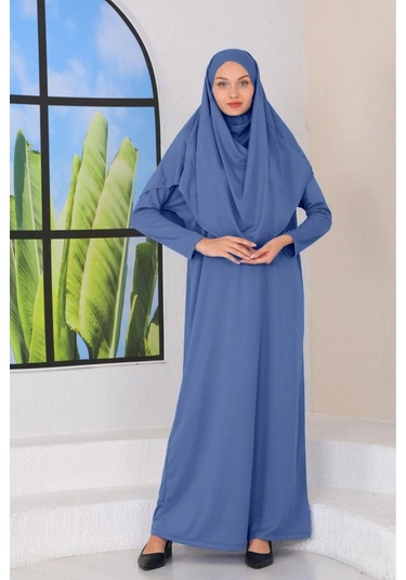 Tek Parça Namaz Elbisesi Indigo Mavi-20993 Gül Kurusu