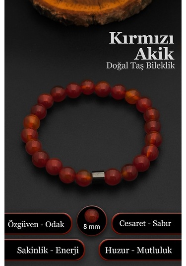 Doğal Taş Akik Bileklik Kadın Erkek Akik Bileklik 8 Mm Bt027 Kırmızı