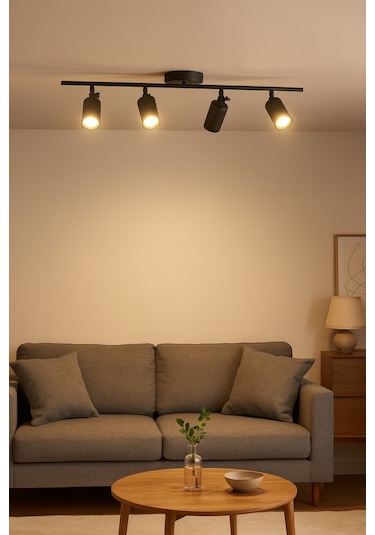 Spoti 4'lü Siyah Renk Gün Işığı Modern Tasarım Salon - Mutfak - Banyo Spot Ledli Sıralı Avize Siyah