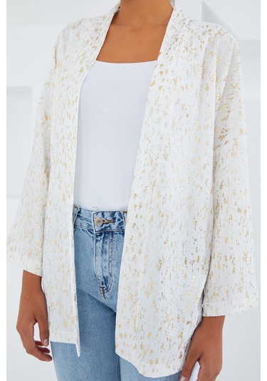 Bigdart Kadın Ekru Varaklı Örme Kimono 5925 001