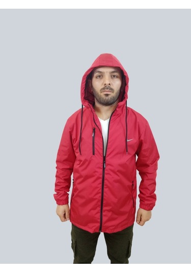 Erkek Kapüşonlu File Detaylı Kırmızı Yağmurluk Kırmızı