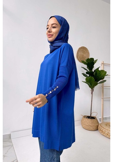 Kol Detay Merserize Tunik - Saks Mavi Saks