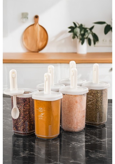 Porsima 4360 6lı Kaydırmalı Kendinden Kaşıklı Sızdırmaz Kapaklı Etiketli Baharatlık Seti - Saklama Kabı Beyaz - Şeffaf