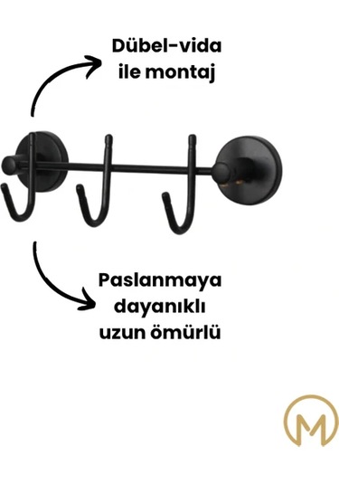 MultiStore Siyah 3'lü Sıra Askı Wc Askı Banyo Mutfak Düzenleyici Askısı Siyah