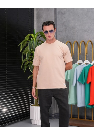 Modefendi Pamuk Likra Yırtmaç Detaylı 2 İplik Oversize Tshirt Krem