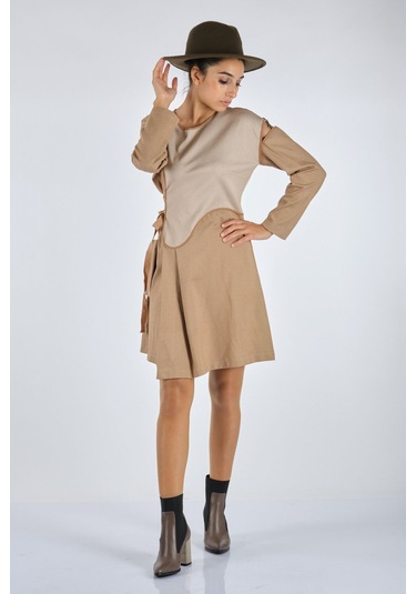 Unique Mode Minimalist Uzun Kol Midi Günlük Elbise - Asimetrik Kesim Bej