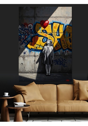 Graffiti Önünde Duran Küçük Çocuk Dekoratif Kanvas - Mdf Ahşap Tablo