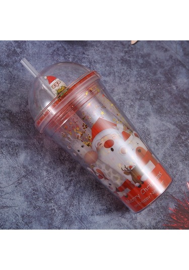 500ml Noel Baba Karikatür Taşınabilir Plastik Kupa Çift Mikro Peyzaj Suyu Kupası Style 3 , Size:with Straw Style 3 Mor