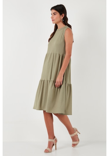 Lela Regular Fit Kolsuz Midi Bayan Elbise 5869008 Olive