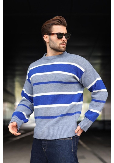 İndigo Çizgili Bisiklet Yaka Triko Erkek Kazak E7455 Indigo