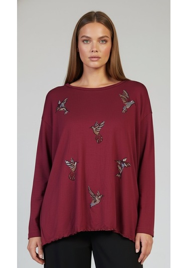 Taş Desenli Uzun Kollu Bambu Viskon Kumaş Bluz Bordo