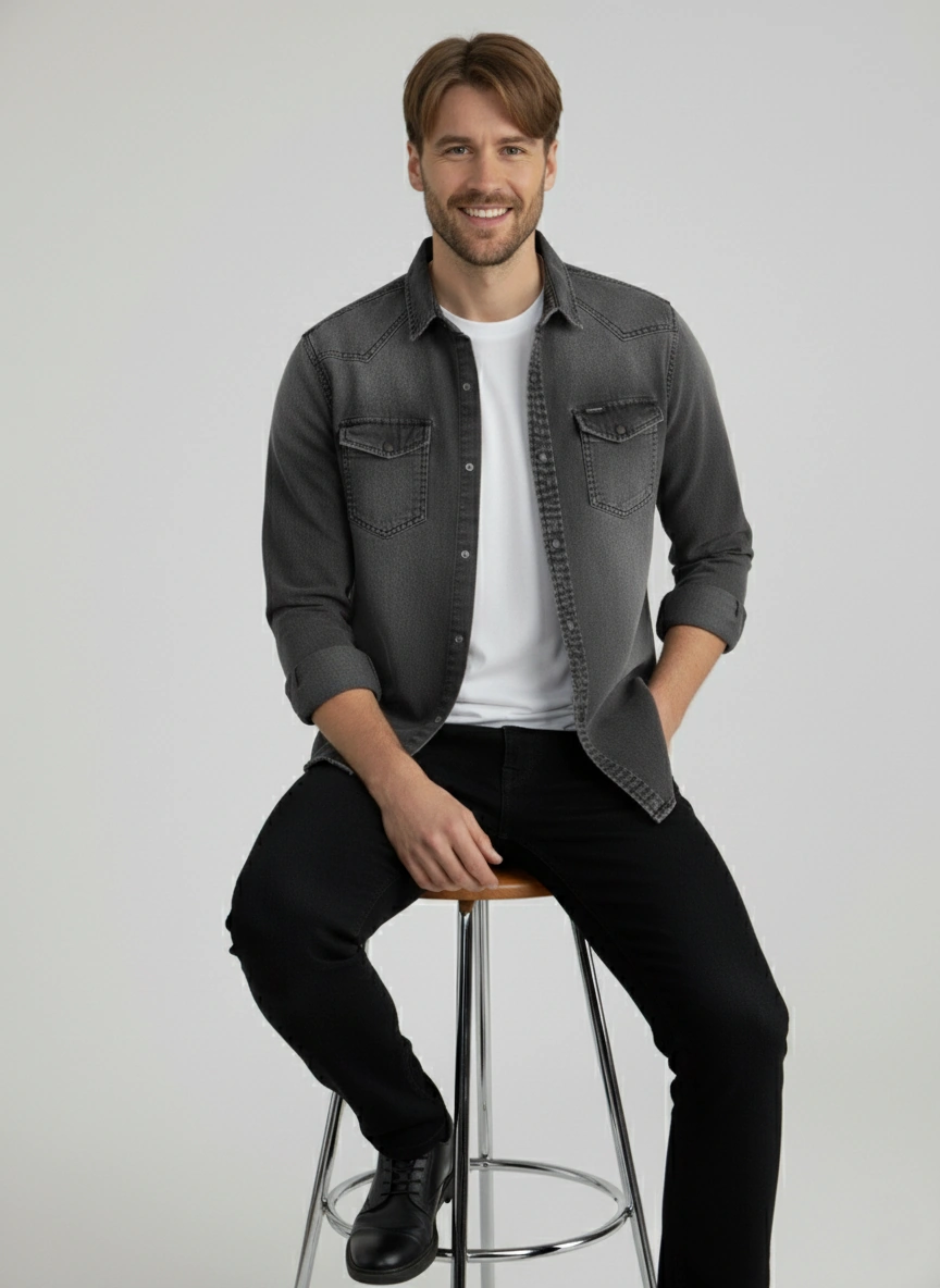 Erkek Gömlek Slim Fit Yıklamalı Kot Gömlek Füme