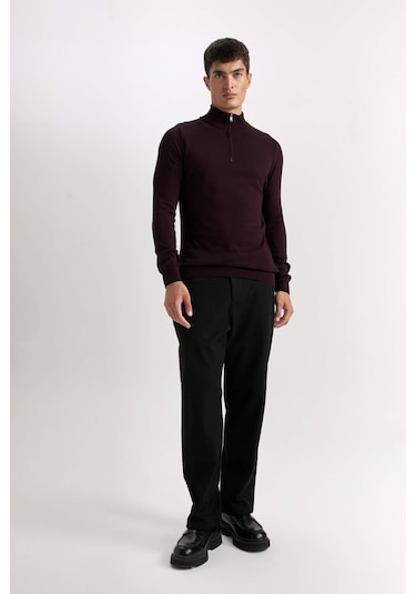 DeFacto Standart Fit Yarım Boğazlı Yarı Fermuarlı Triko Kazak D0624AX24AUBR34 Bordo