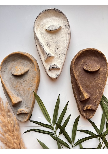 Özel Tasarım El Yapımı Heykel Soyut Yarım Yüz Maske 3'lü Set, Duvar Dekor, Modern Ev Ve Ofis Dekoru