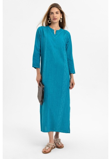 Turkuaz İşlemeli Uzun Kollu Astarsız Pamuklu Uzun Elbise-turkuaz Turkuaz