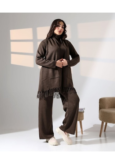 Bohem Şıklık Püskül Detaylı Üçlü Triko Takım Kahverengi