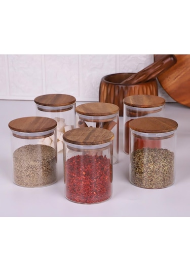Akasya Kapaklı Borosilikat Cam Baharatlık Saklama Kavanozu 200 Ml 6'lı Ahşap - Şeffaf