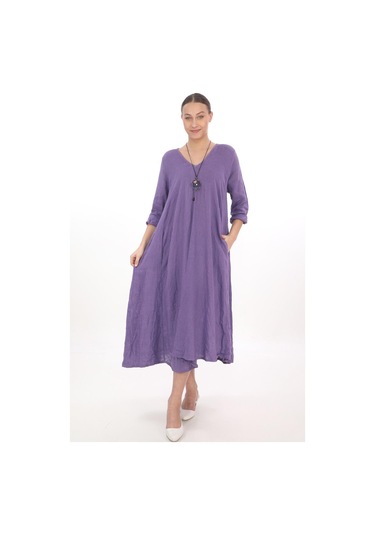İtalyan V Yaka Uzun Kol Keten Elbise-8907 Mor