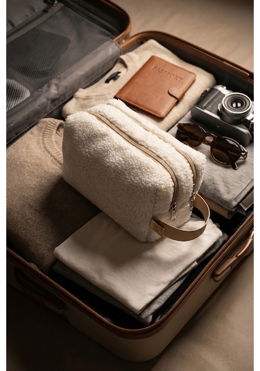 Fluffy Çift Fermuarlı Organizer Çanta Xl Bej