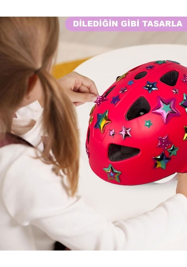 Pembe Çocuk Kaskı Yıldızlar Ve Harfler Stickerlı Spor Koruyucu Kask Pembe Dizlik Dirseklik Seti Pembe