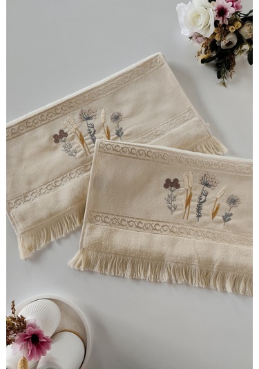 2'li Nakışlı Jakarlı Kadife El Yüz Havlusu - %100 Pamuk - Kapuçino Cappuccıno Cappuccino