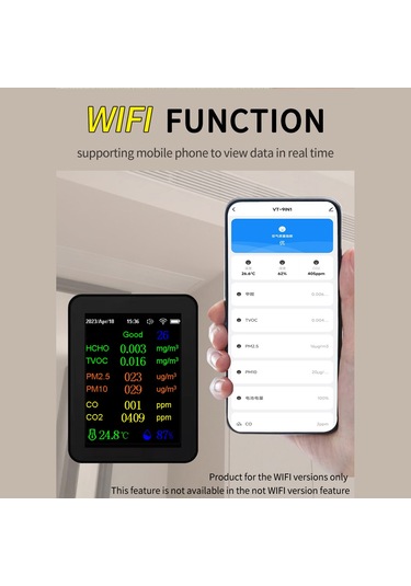 Taşınabilir Hava Kalitesi Ölçer 9in1 Pm2.5 Pm10 Co Siyah