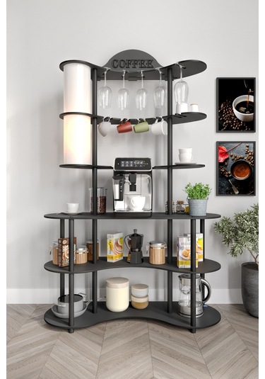 Brew-blıss Mutlu Kahve Köşesi-çok Amaçlı Mutfak Rafı Siyah-lambader Aydınlatmalı Siyah