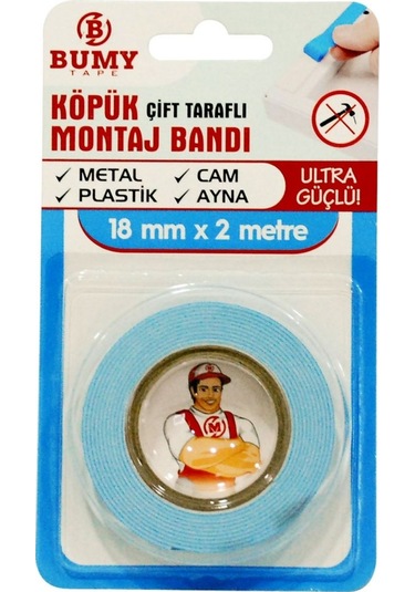 Bumy Çift Taraflı Köpük Montaj Bandı Beyaz 18mm X 2mt