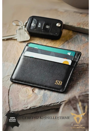 Orijinal Hakiki Deri Süper Ince Model Unisex Kartlık Kartvizitlik Portföy Otomatik Kartlık Hediyeli Siyah