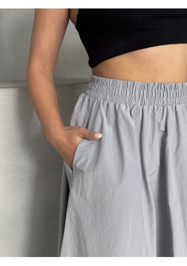 Kadın Beli Lastikli Dokuma Kloş Etek Gri