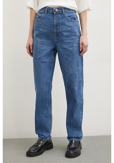 Yüksek Bel Dar Paça Mom Jean Mavi Mavi