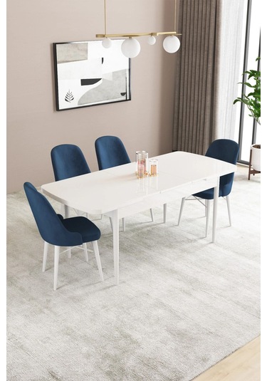 Sar Pakete Almira Serisi, Beyaz 80x132 Açılabilir Mdf Mutfak Masası Takımı 4 Adet Sandalye Lacivert