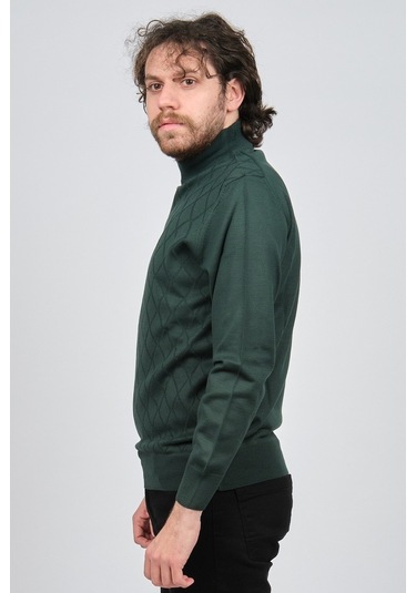 Pave Erkek Yarım Balıkçı Baklava Desenli Yün Kazak 4537220 Yeşil Yeşil