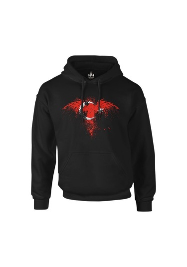 Kartal Ay Yıldız Siyah Erkek Fermuarsız Kapşonlu