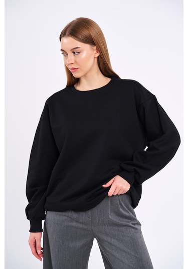 Comeor Siyah Kadın Pamuklu Oversize Basic Bisiklet Yaka Sweatshirt Siyah