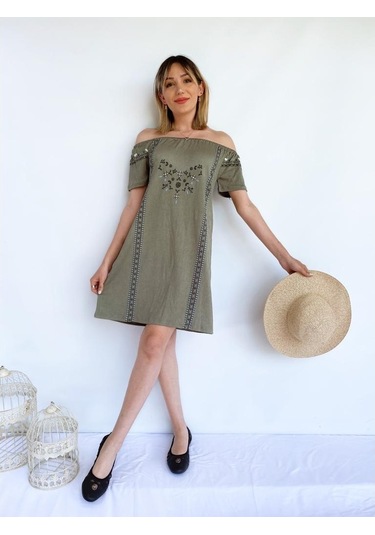 Kadın Bürümcük Desen Haki Elbise