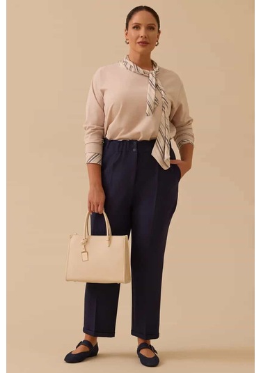 Kadın Büyük Beden Elastik Bel Bilek Boy Pantolon - Lacivert 4358890