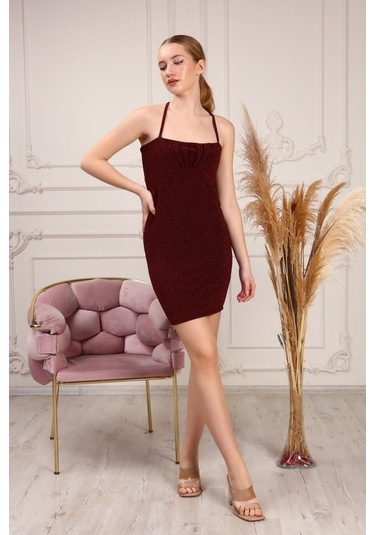 Gimer - Ip Askılı Göğsü Büzgülü Kadın Elbise - Gsp3824G Bordo