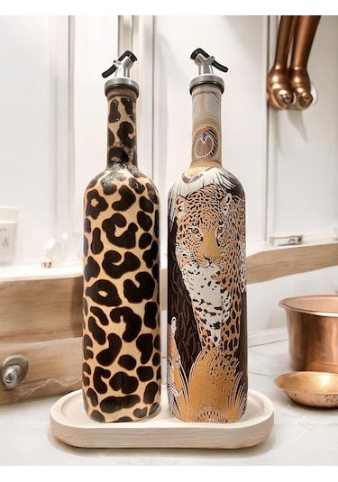 Leopar Desenli Zeytinyağı Sıvıyağ Şişesi Yağdanlık Yağlık, Sirkelik, Sosluk 2'li Set, Ev Dekoru Kahverengi