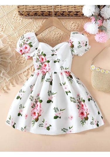 Camaguey Renkli Kız Çocuk Elbisesi - Kız Çocuk Yazlık Çiçekli Elbise - Mezuniyet Elbisesi A.Yeşil